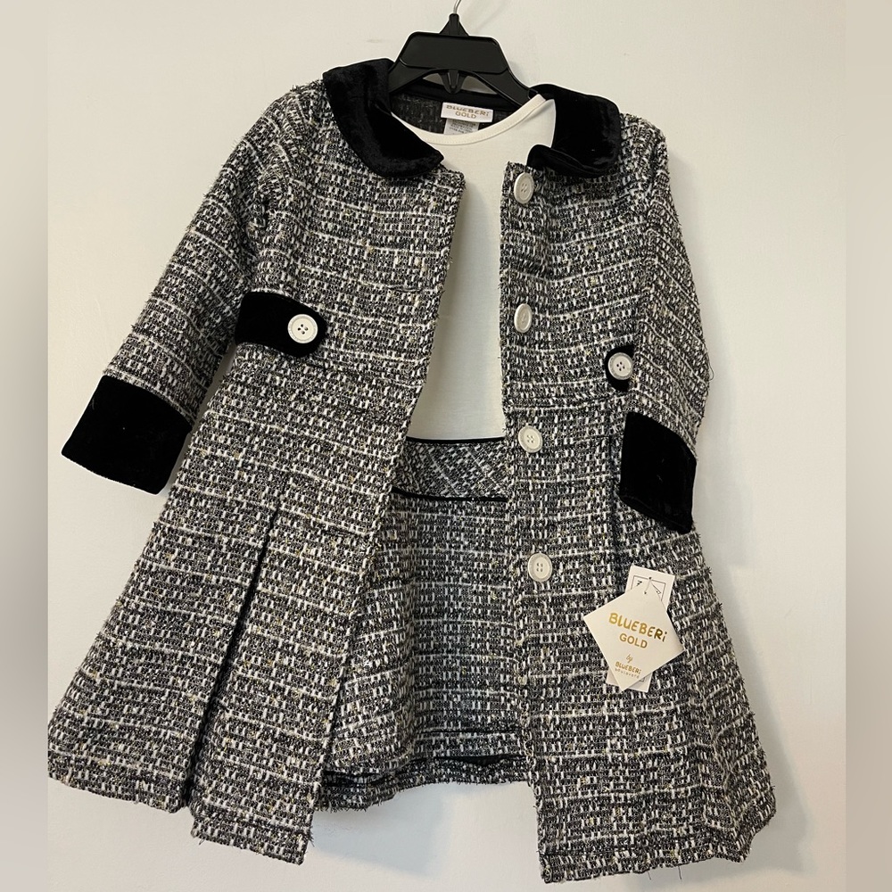 Size 3T BLUEBERI GOLD Black White Gold Party Holiday Tweed Dress 2 Piece